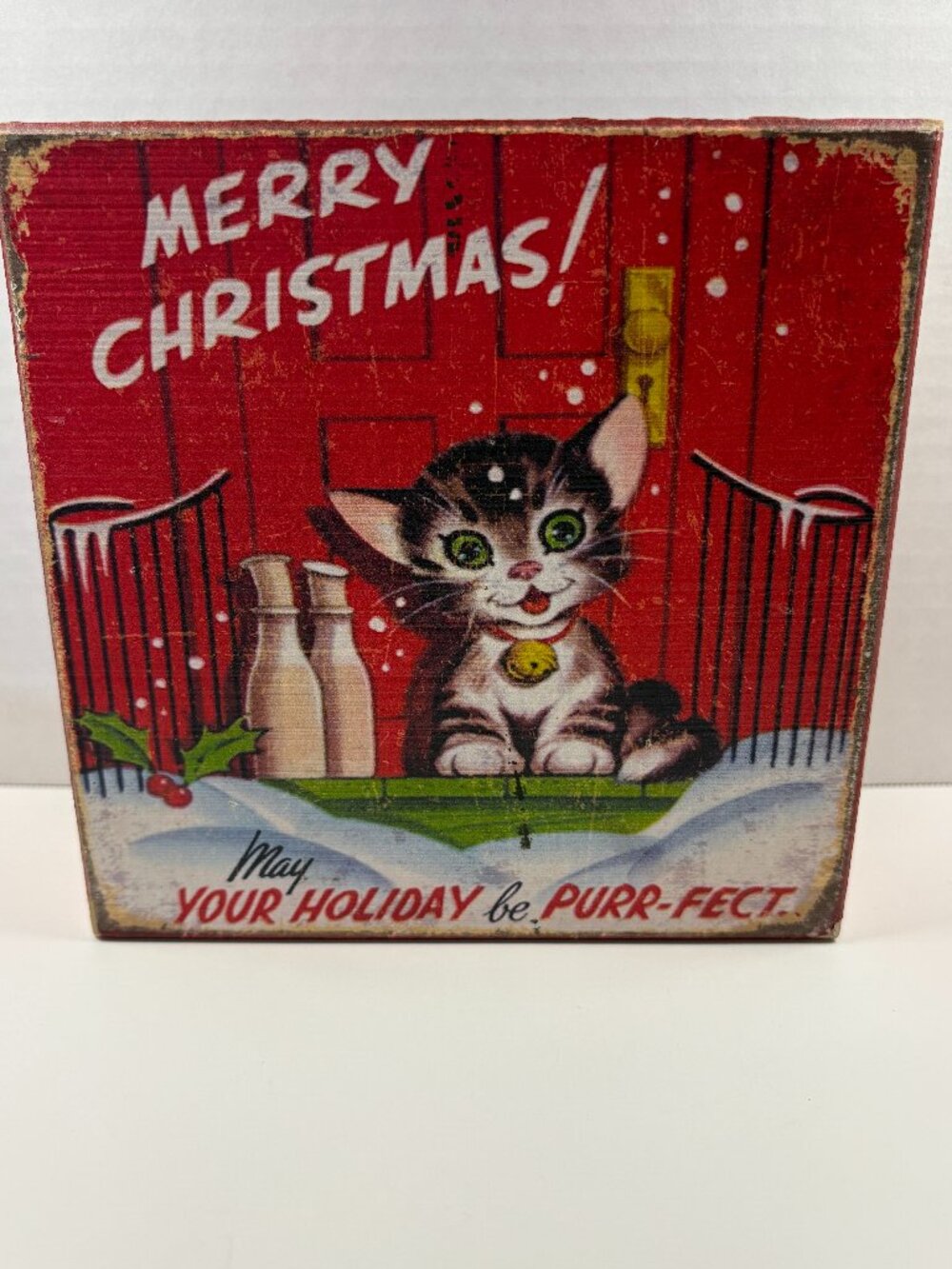 Red Merry Christmas "Purr-fect" Holiday Sign with Cat